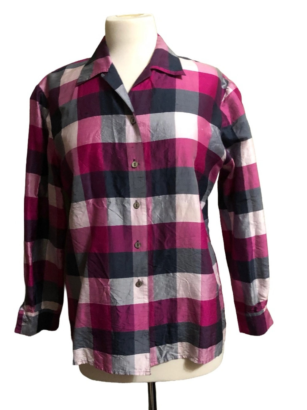 100% Silk Plaid Check Button Front Blouse Pink Grey Medium